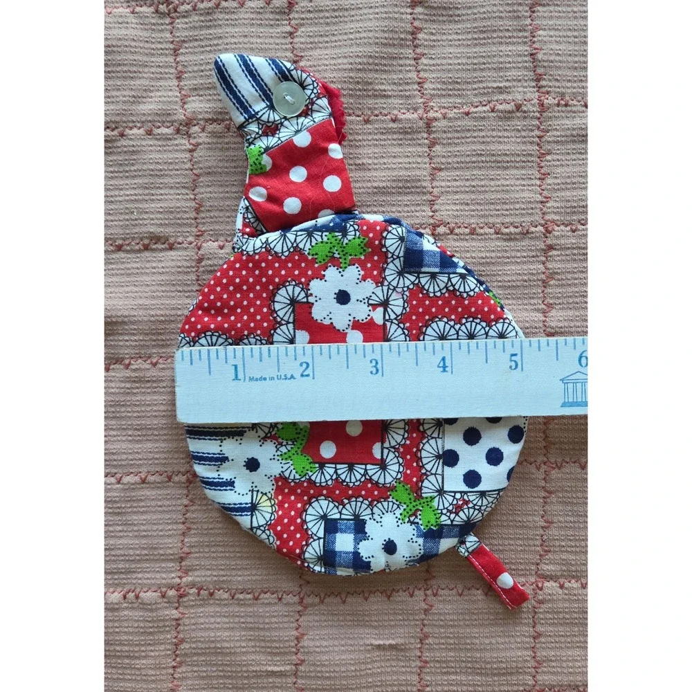 Vtg Retro Handmade Quilted Chicken Pot Holders Set of 2 Red Blue Patchwork
